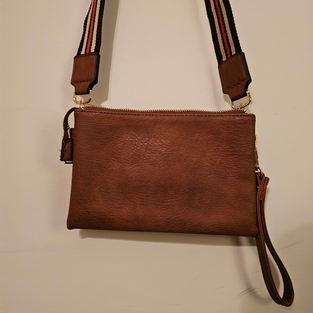 Brown Vegan Leather Triple Zip Crossbody Bag with Striped Guitar Strap Clutch - Picture 10 of 11